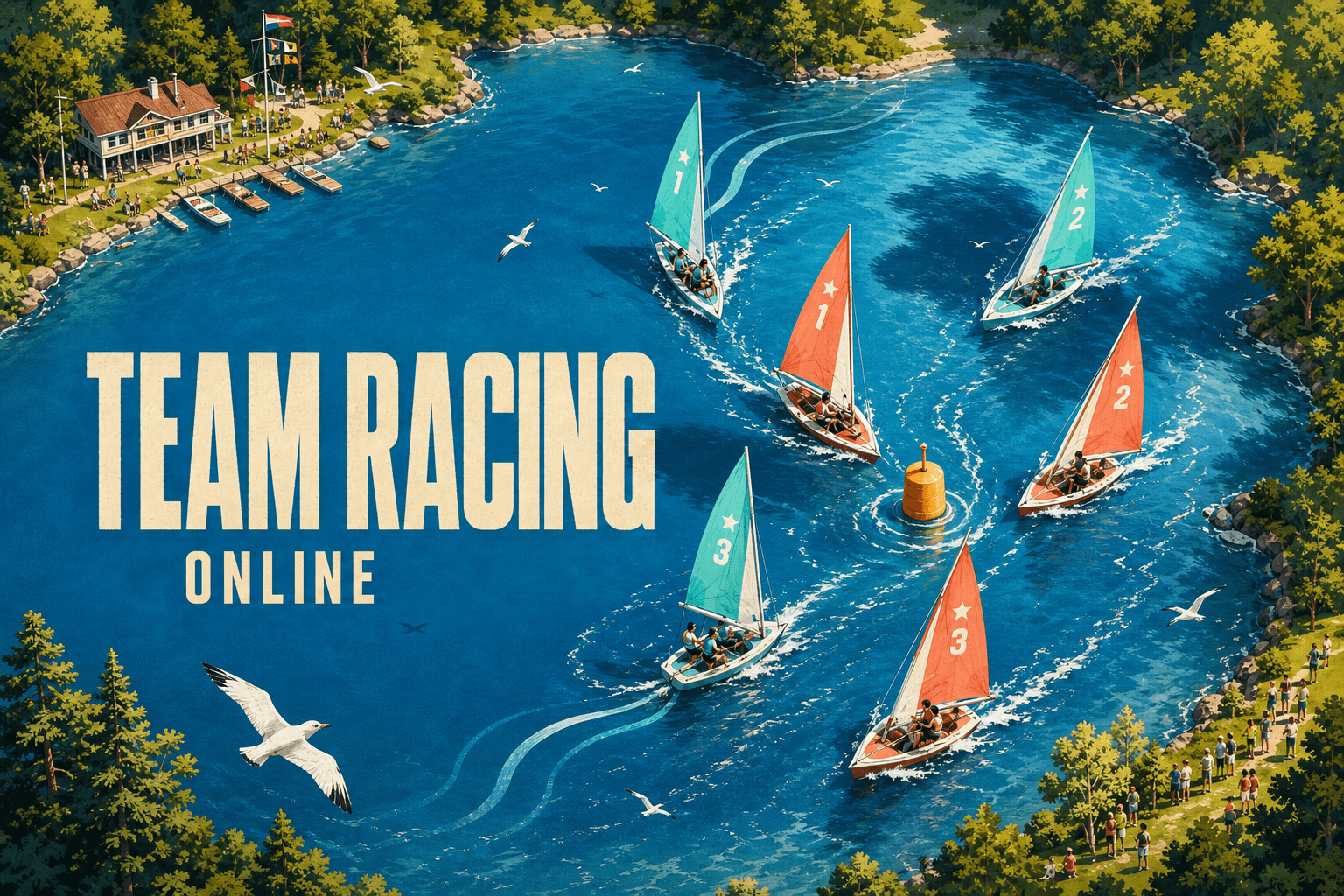 Aqua and coral dinghies converge around a mark in Team Racing Online.